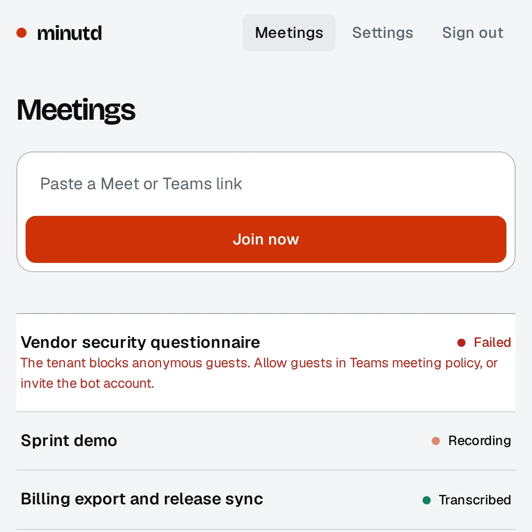 Meeting list with one failed meeting and the reason it failed shown underneath.