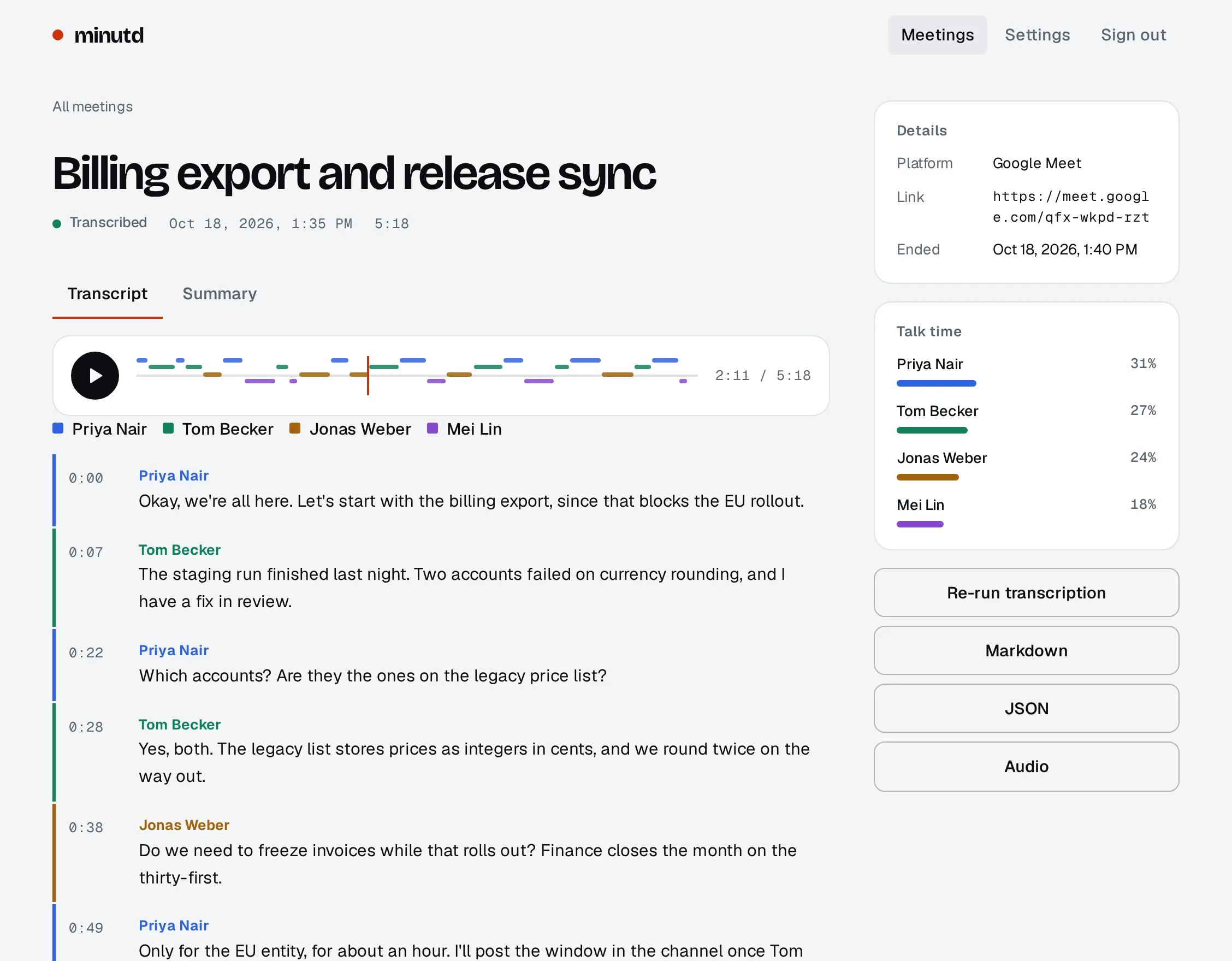 Minutd meeting page: audio player with a speaker timeline, and a transcript with every line labelled by speaker.