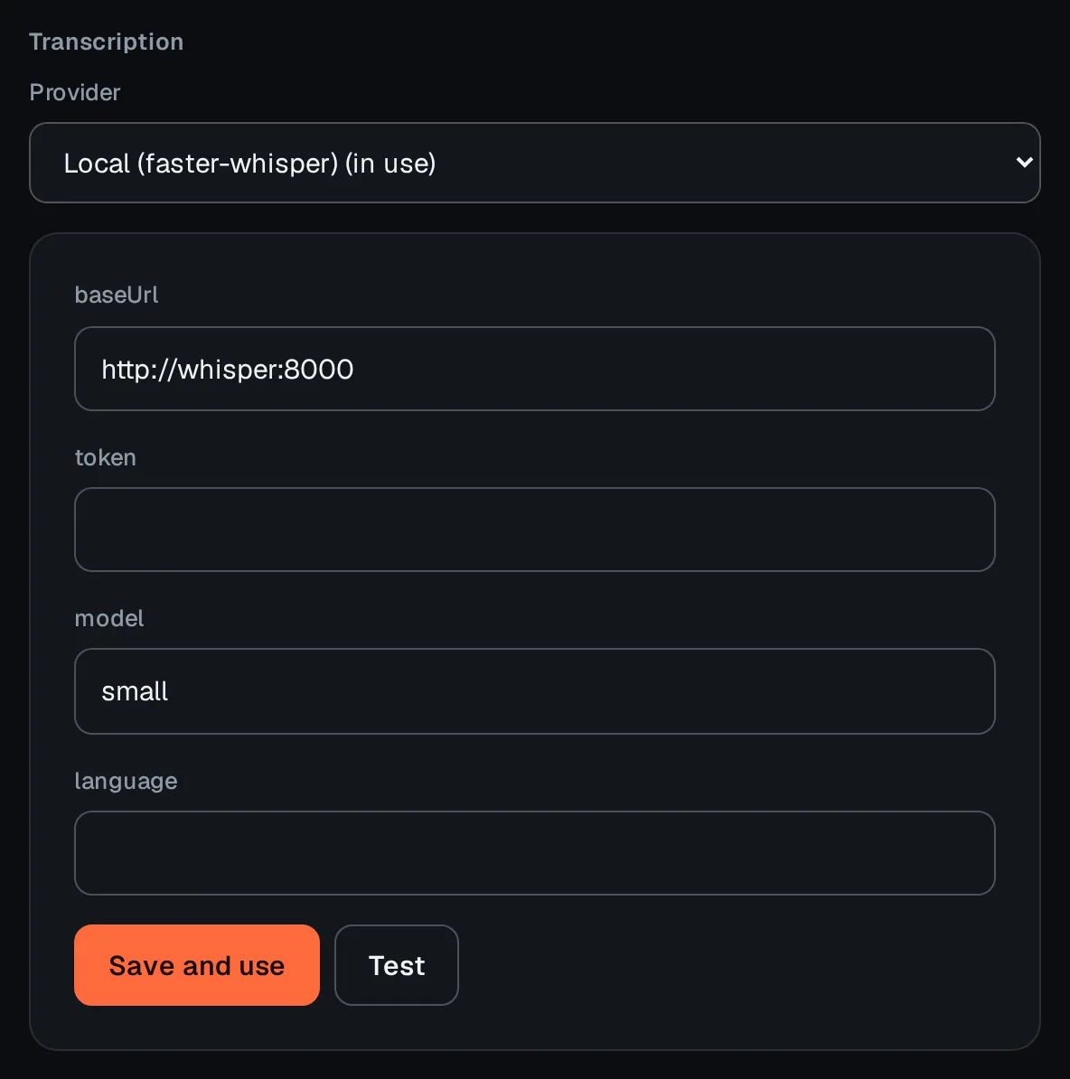 Minutd settings page: transcription provider selector with the fields for the chosen provider and a Test button.