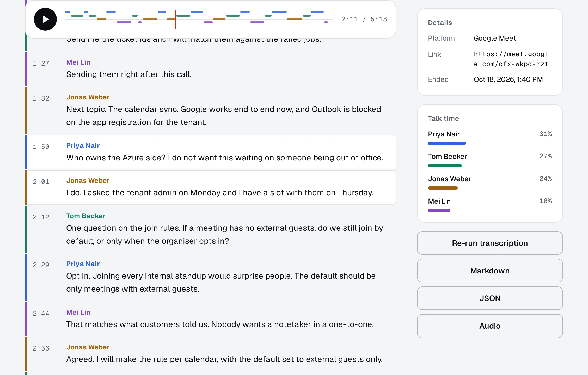 Transcript with the playhead on a line from Jonas, the speaker timeline above it and talk time per speaker.